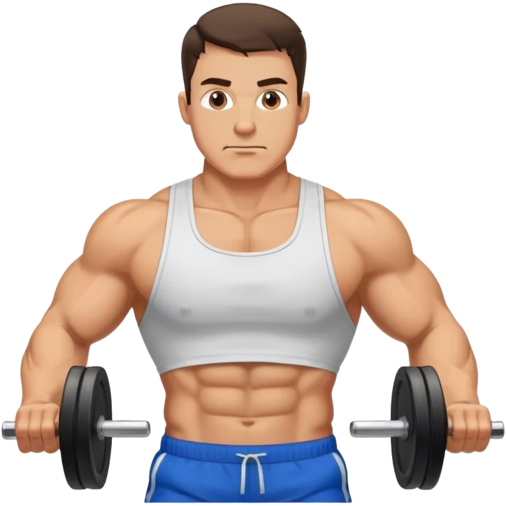brunette buff man with blue shorts Trapezius exercise emoji