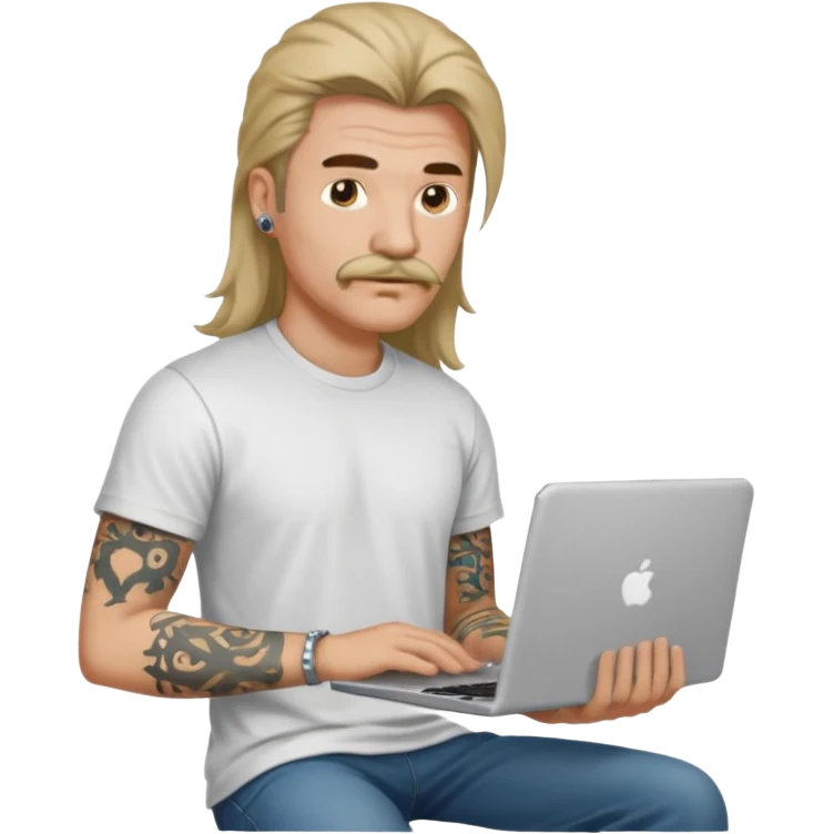 A DEVELOPER WITH A laptop, USING t-shirt, long hair,mullets style, mustache, tattoo, piercing emoji