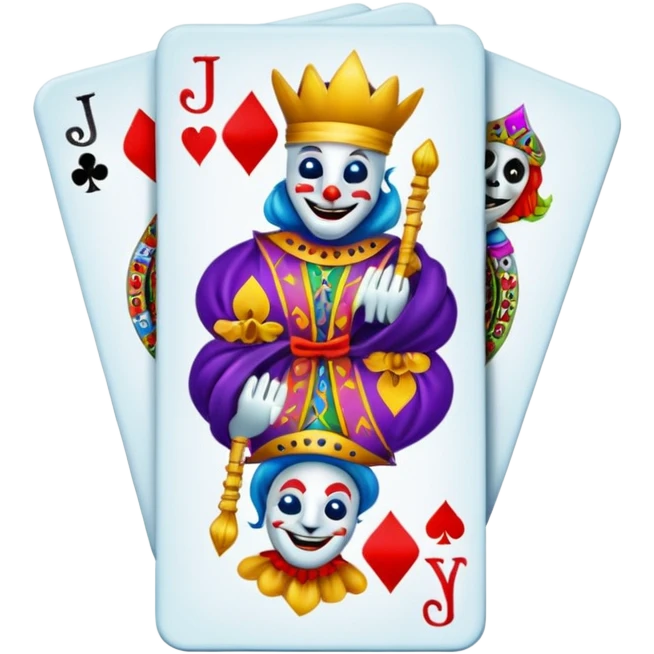 bunch of 3 poker cards, with crazy colorful jolly jokers inside emoji