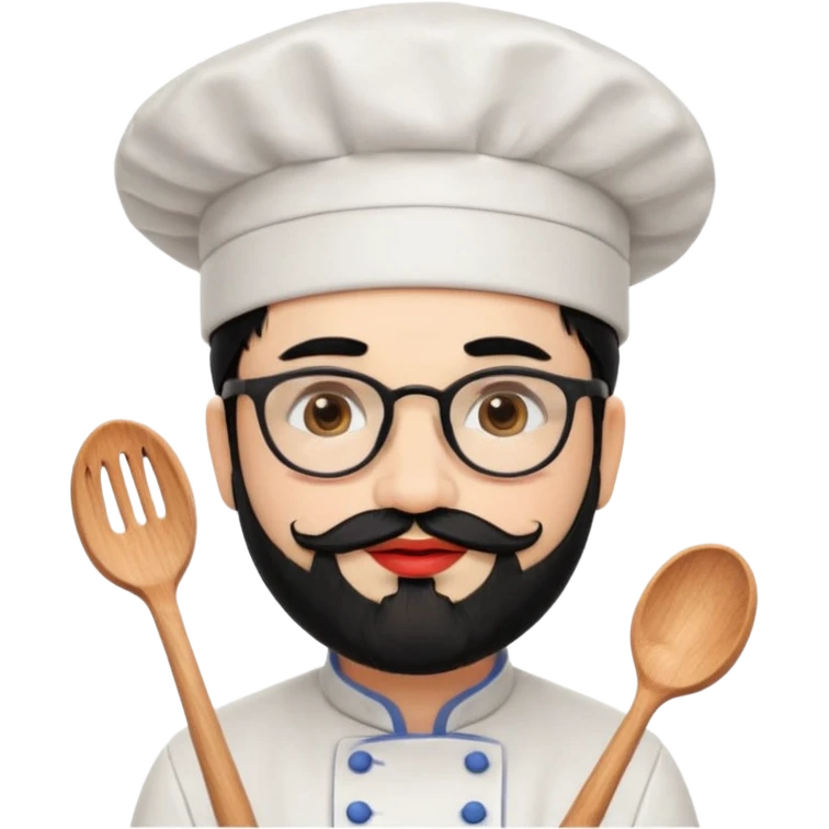 CHEF CON PIEL BLANCA, GORRO DE CHEF, PELO NEGRO Y BARBA NEGRA, OJOS MARRON OSCURO Y GAFAS DE PASTA NEGRAS. SONRIE Y TIENE MARCAS DE BESOS CON FORMA DE LABIOS EN LAS MEJILLAS (COMO MANCHAS DE PINTALABIOS) emoji