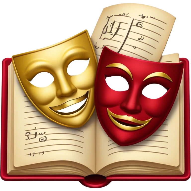 Create a bold and dramatic emoji representing the art of playwriting. The design should feature an open script or a theater playbook, with stylized text lines or dramatic dialogue inside. Include elements like a theatrical comedy and tragedy masks, a stage spotlight, or a writting quill to symbolize creativity and performance. Use deep, contrasting colors like red, black, and gold to evoke the intensity and passion of drama. The overall design should feel dramatic, inspiring, and artistic. Make the background transparent. emoji