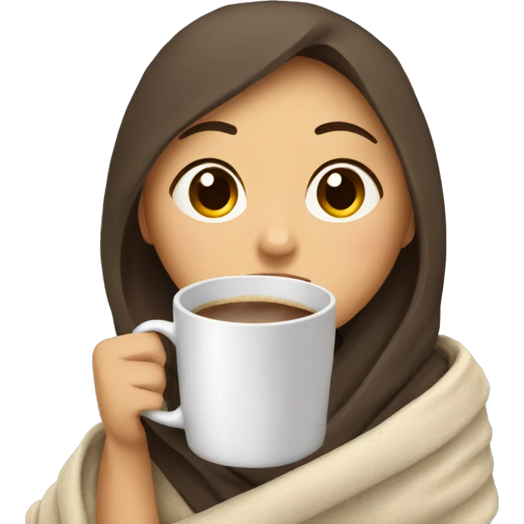 Asian girl wrapped in cozy blanket drinking coffee emoji