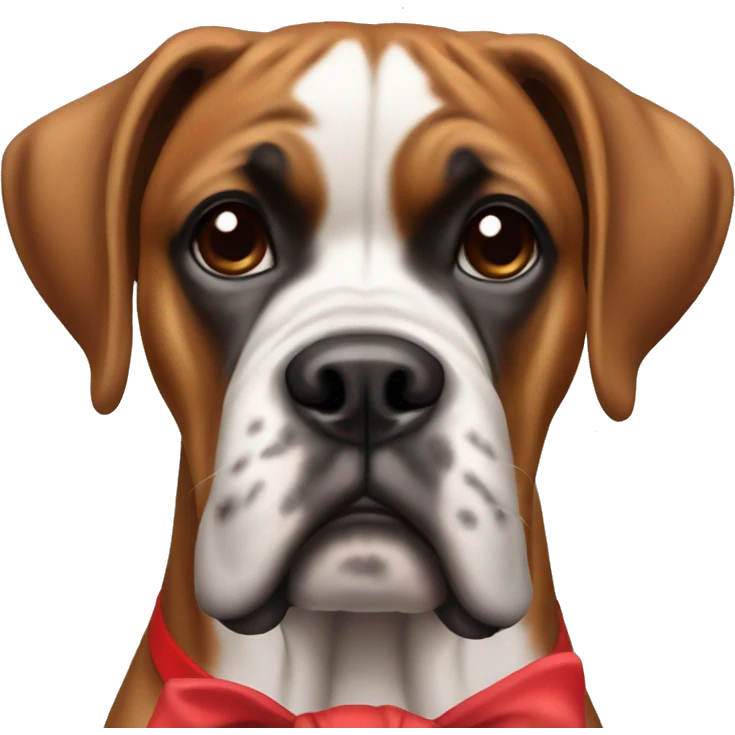 Boxer dog with a red bow on her neck and no bow on her head emoji
