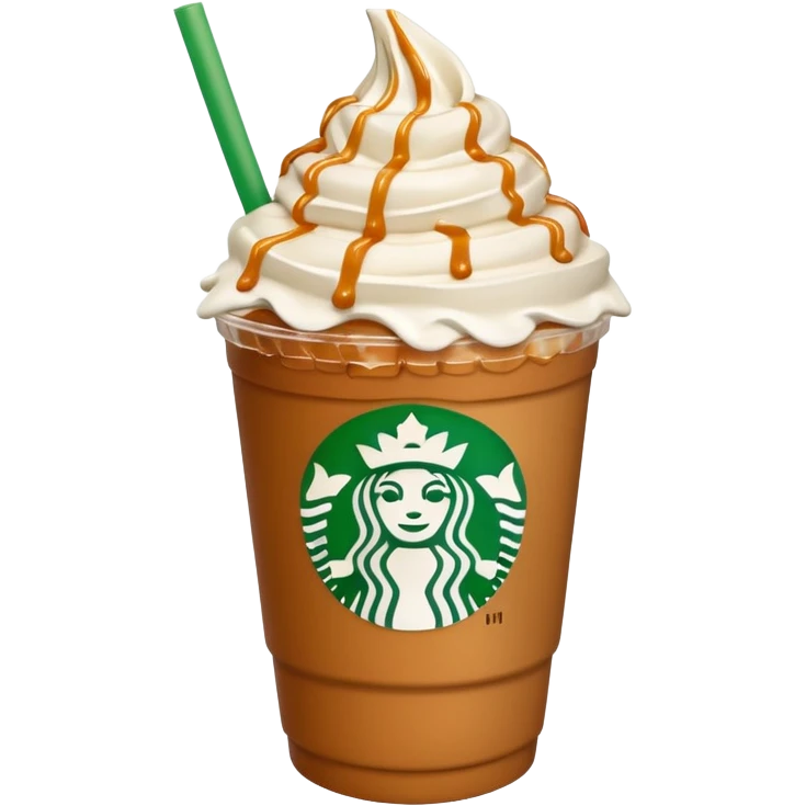 A 3D cartoon cup of caramel frappuccino topped with whipped cream and caramel drizzle, green straw, no logo, frosty texture, soft lighting, Memoji-style. emoji