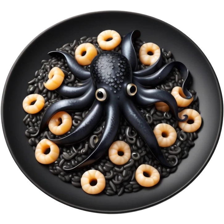 cinematic-realistic-black-risotto-dish-emoji,-showcasing-small black squid pieces-rendered-with-bold-textures-and-dynamic,-dramatic-lighting. emoji