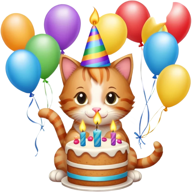 Ginger tabby kitten celebrates birthday, birthday hat, birthday cake, one candle, balloons, happy, gifts emoji