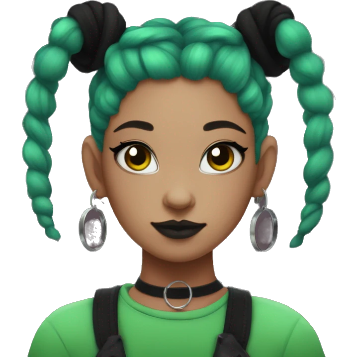 Goth girl, green space buns, red flannel, hoop earrings, cat eyeliner emoji