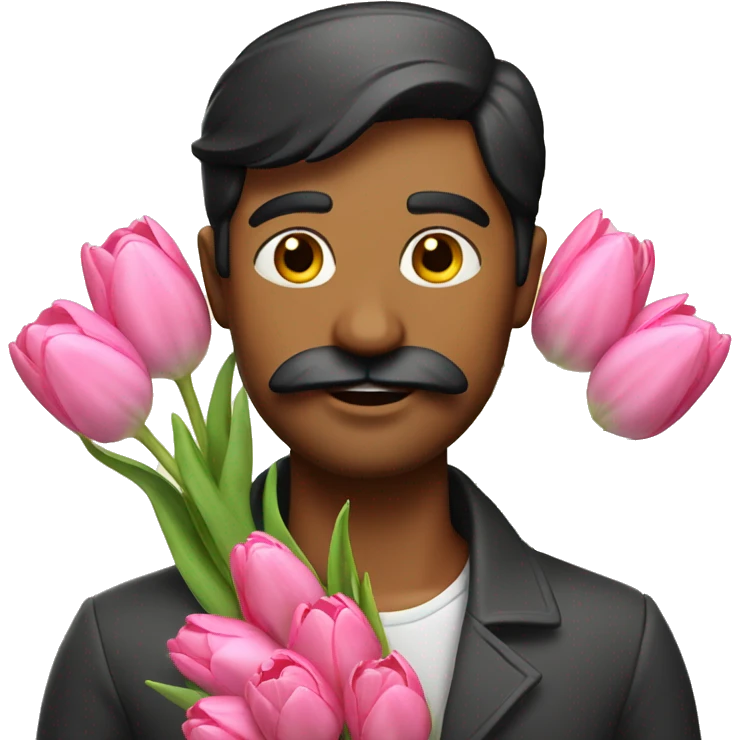Indian man holding Bouquet of pink tulips with mustache and light scruff emoji