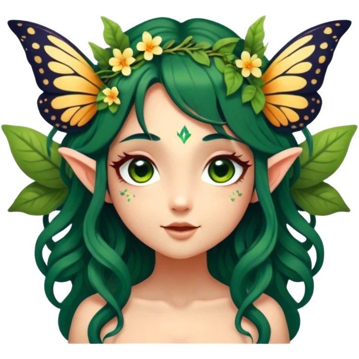 Cinematic Realistic Forest Nymph Fairy Portrait, head tilted playfully and inquisitively, showcasing a nature-inspired form with intricately detailed, sunlit tanned skin and cascading dark green hair interlaced with leaves and blossoms showing her large butterfly wings from her back. Her bright, curious eyes sparkle with forest mischief, rendered with lifelike clarity and warm, dappled lighting that captures the spirit of an enchanting woodland fairy ready to dance among the trees. emoji