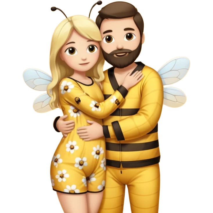  Man long dark brown hair, white skin, medium beard, full body in cute bee pijama hugging a woman with blonde hair in a flower suit  emoji