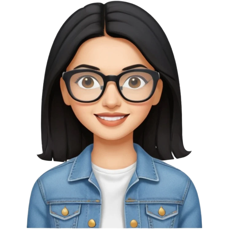 generate a pretty bratz emoji 
Make her wear a white dress with a denim jacket over it. black hair side part 

She should look exactly  like Deepika padukone. wearing rectangular spectacle, smiling emoji