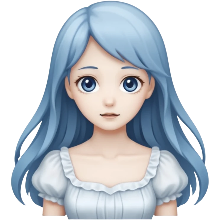 Beautiful ethereal pastel Gorgeous spectral dark greyish-blue whitish gloomy spectral Anime Poltergeist Lady  with a beautiful white dress emoji