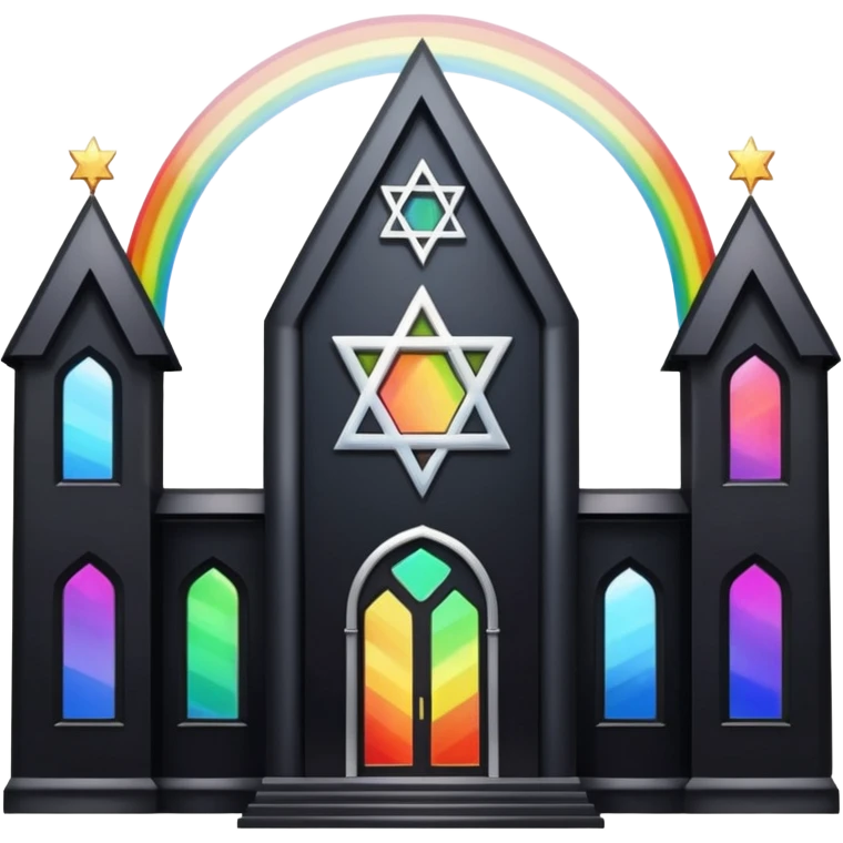 jewish synagogue temple in dark goth aesthetic style with black building and very light tint glass windows that are rainbow if looked at together. and star of david and celestial symbolism emoji