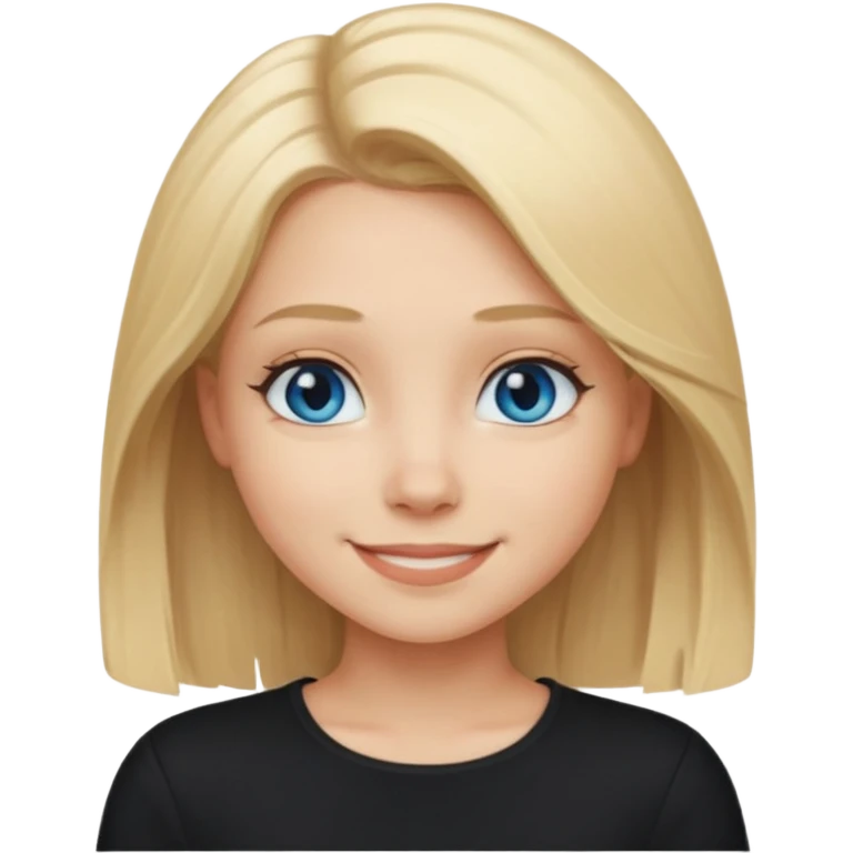 a new character a girl with shoulder length blonde hair wearing black clothes and wearing a cheeky smile she has blue eyes emoji
