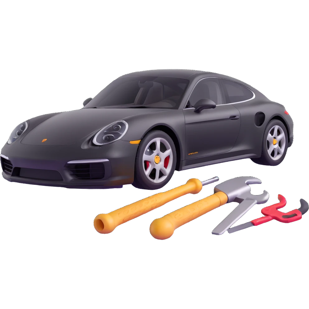 Porsche luxury car with dent repair tools like a lever and small hammer, elegant and modern emoji
