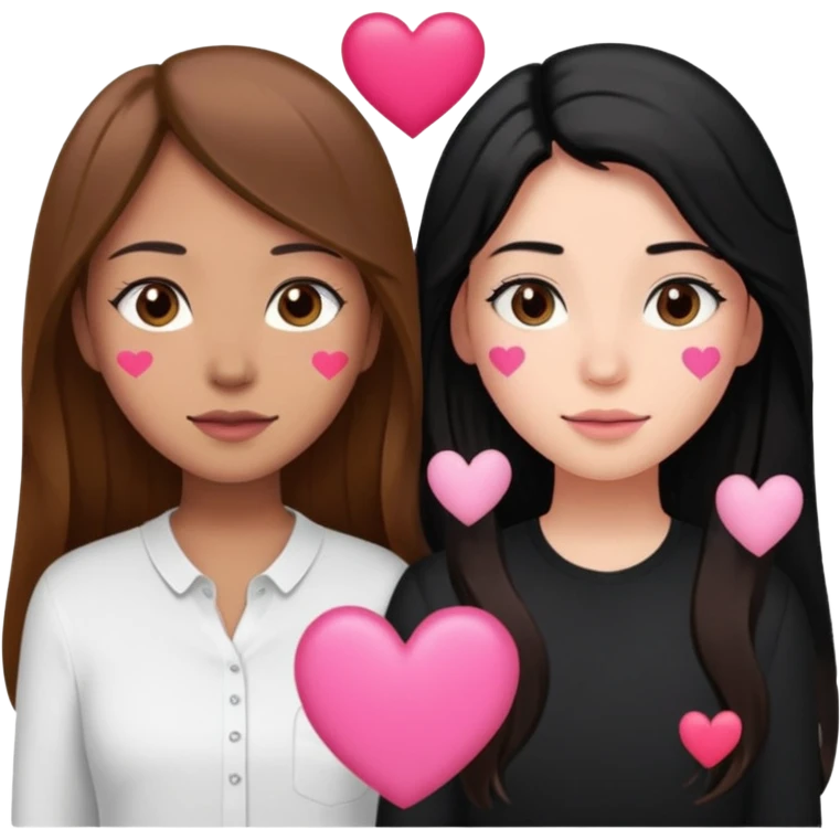 Dos mujeres juntas que una sea de color trigueña cabello largo castaño con una raya en medio polo blanco y de color blanca cabello largo negro polo negro, y tengan un corazones rosados pequeños  arriba emoji