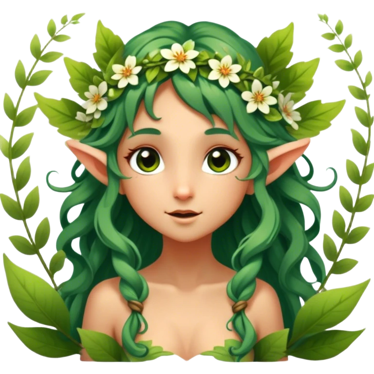 Cinematic Realistic Forest Nymph Fairy Portrait, head tilted playfully and inquisitively, showcasing a nature-inspired form with intricately detailed, sunlit tanned skin and cascading hair interlaced with leaves and blossoms. Her bright, curious eyes sparkle with forest mischief, rendered with lifelike clarity and warm, dappled lighting that captures the spirit of an enchanting woodland fairy ready to dance among the trees. emoji