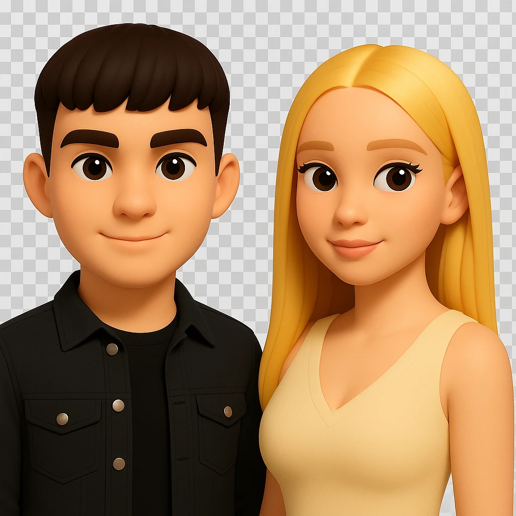 Slightly increase the volume of the upper body of the girl, separate the girl and the boy from each other, make the skin color the same for both characters. Maintain the cartoonish 3D style as in the reference image. Keep the background transparent. emoji