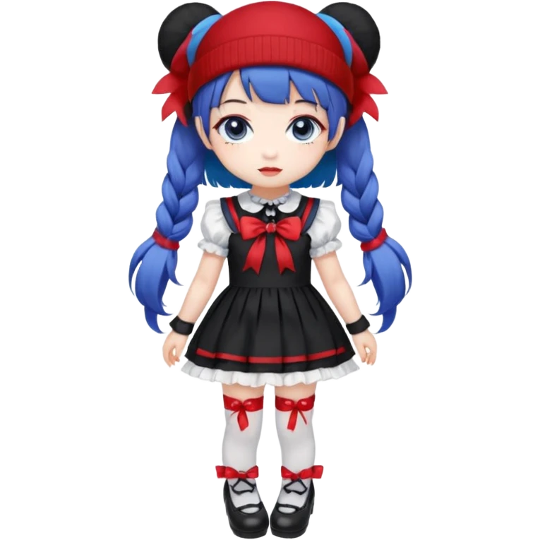 Chibi kawaii girl, violet eyes, black-blue twin tails, red ribbons, red beanie, black & white lolita dress with red accents, white thigh-highs, black mary janes, cute aesthetic. emoji