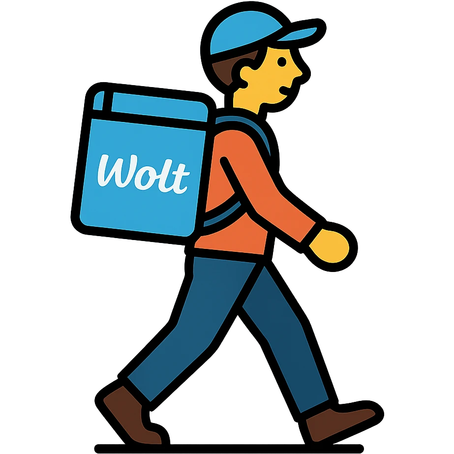 person walking with a Wolt-branded backpack, modern style emoji