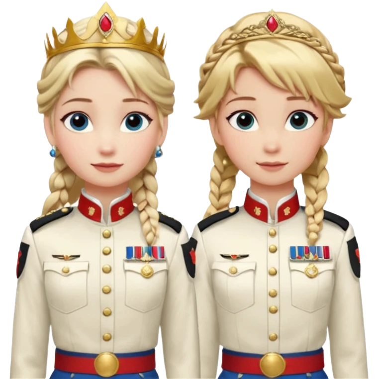 Blonde single braided haired Elsa and brown double braided haired Anna arendelle from disney frozen movie are same wearing gold tiara white military tunic arm badge shoulder cord medal red sash blue belt black trouser with both side red stripe white overknee boots emoji