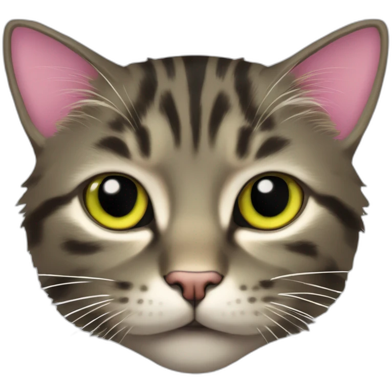 cat Tabby (Mainly black and dark brown) fluffy cat pink-nose light-green&yellow-eyes,-white-long-whiskers,-white-spots-near-the-nose,sharp chin.,long ears,sharp of the eyes emoji