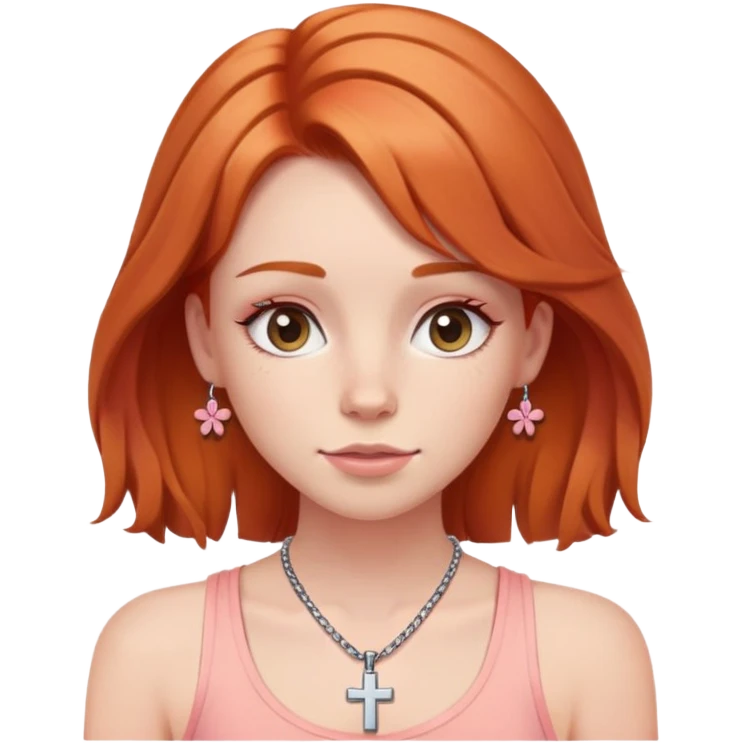 Auburn ginger haired girl with eyelashes wearing a cross necklace and a light coral pink tank top emoji