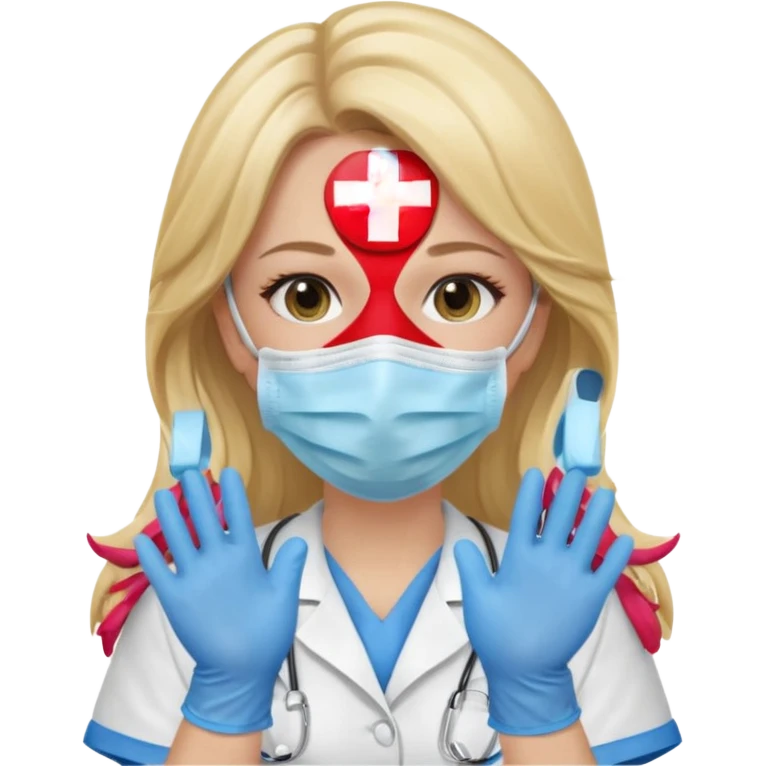 enfermera rubia con pelo largo, con mascarilla y guantes azules que aperezcan las dos manos, como las primeras imagenes que enviaste emoji