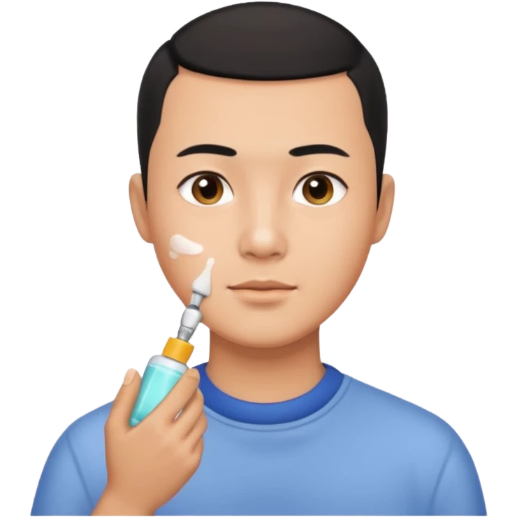 try different skincare products for chinese man with buzz cut (short black hair) doing skincare emoji