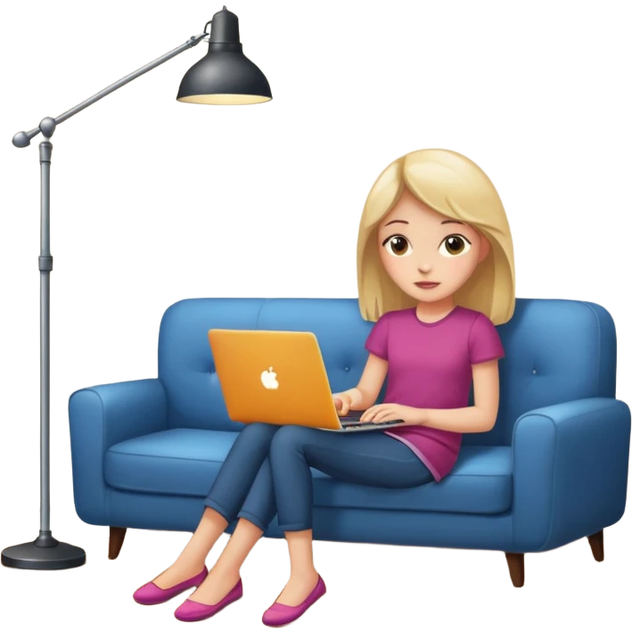 A girl is working with a laptop while lying on a sofa, with a floor lamp to the right. emoji