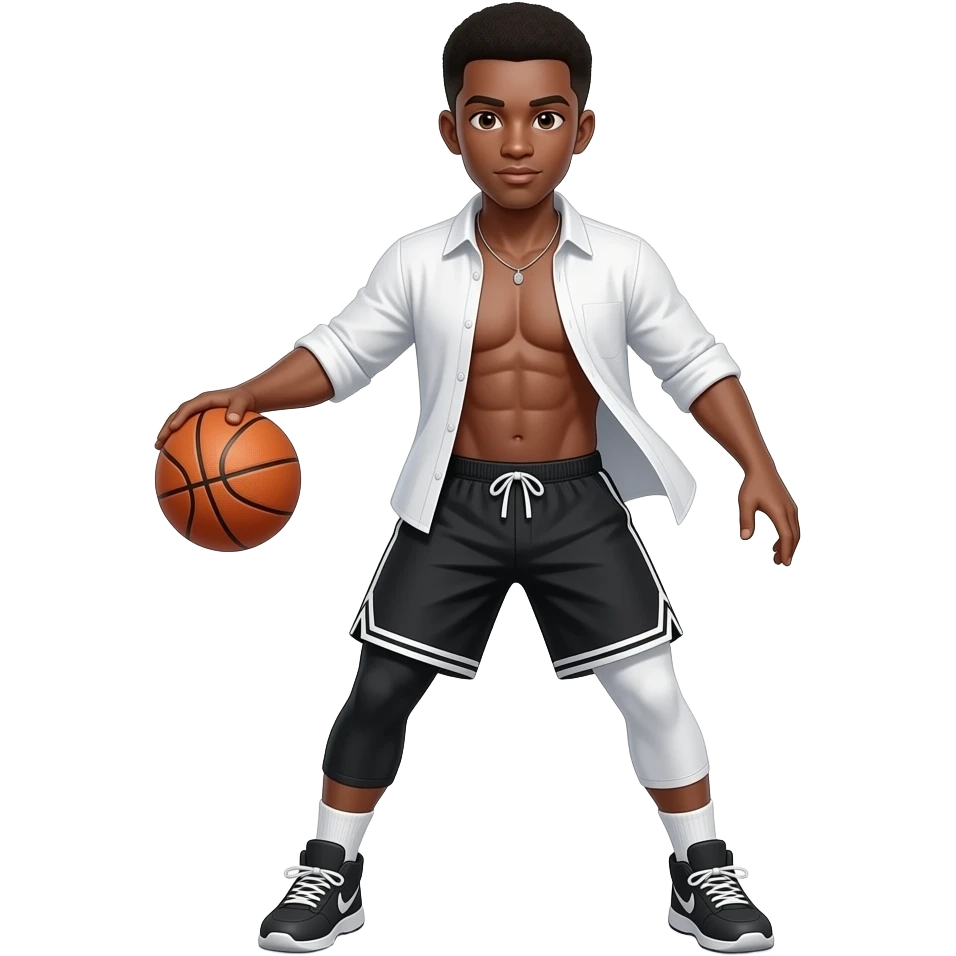 make a 20 year old man black skinned in a white really tight shirt where you can see his abs through his shirt and black shorts playing basketball emoji