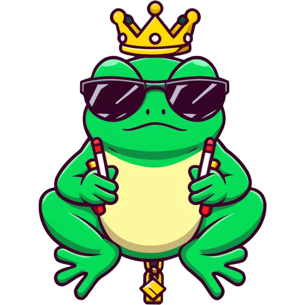 gangster frog wearing a gold crown smoking a blunt, cool sunglasses, gold chain emoji