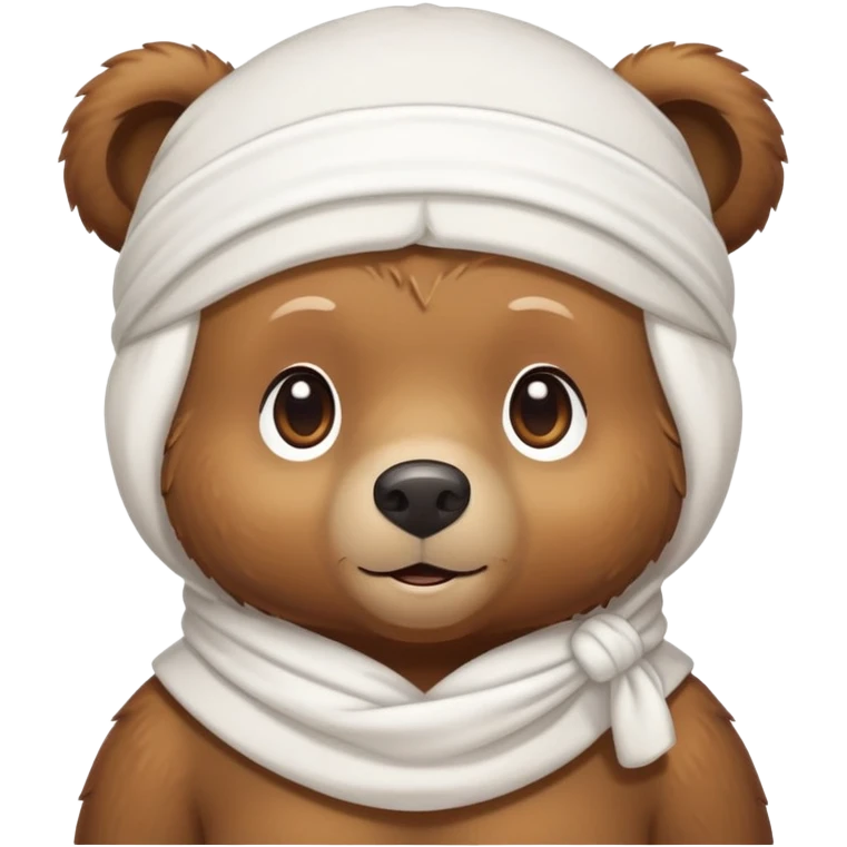 Brown bear wearing a white durag on its head, cute face emoji