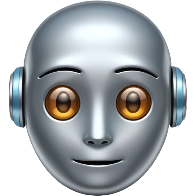 A cute futuristic robot emoji made of silver chrome, rounded friendly body, minimal facial features, glossy metallic surface, soft reflections, iOS emoji style, centered, clean white background emoji