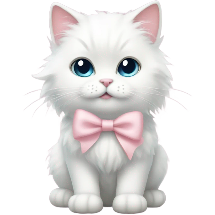 A fluffy white cat with adorable eyes and a light pink bow  emoji