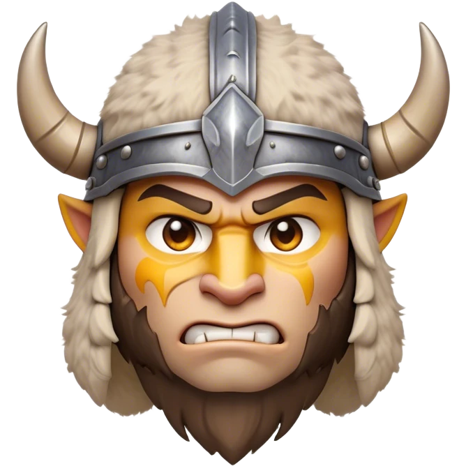 Cinematic Fierce Barbarian Portrait Emoji, Poised and bold with a rugged yet cartoonish build in tattered furs and a horned helmet, expressive bright eyes and a confident smirk, Simplified yet dynamic features, highly detailed, glowing with a vivid, adventurous aura, high shine, heroic and spirited, stylized with an air of medieval warrior charm, focused and energetic, soft glowing outline, capturing the essence of a fearless barbarian adventurer ready to lead his clan with spirited valor! emoji