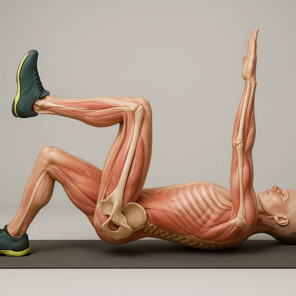 Anatomically hyperrealistic 4K side view of a man in dead bug position with the arm on the ground fully extended above the head, straight, showing pelvis and spine bones, translucent muscles and skin, medical atmosphere, realistic anatomical details. Variant 7, slightly change the position of the feet. emoji