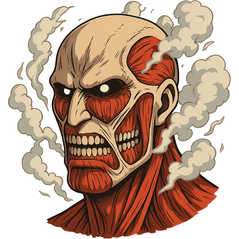 Colossal Titan head, menacing, with steam and muscle detail, anime style emoji