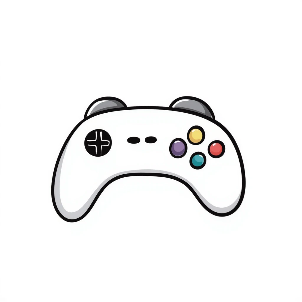 A video game controller/joystick with buttons and D-pad in pastel colors (dd9fb0, ffc6d3, a3bfc9, c4bee2, f1b091), hand-drawn doodle style emoji