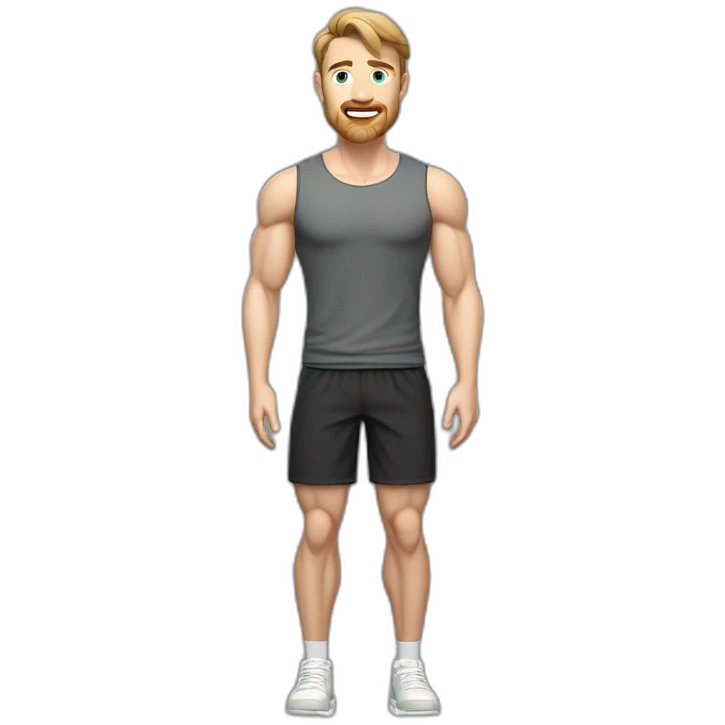 Full height Pale skinned muscular man With Realistic eyes and mouth, light brown hair and stubble In dark gray sleeveless mike, black oversize sports shorts, watch and white sneakers. emoji