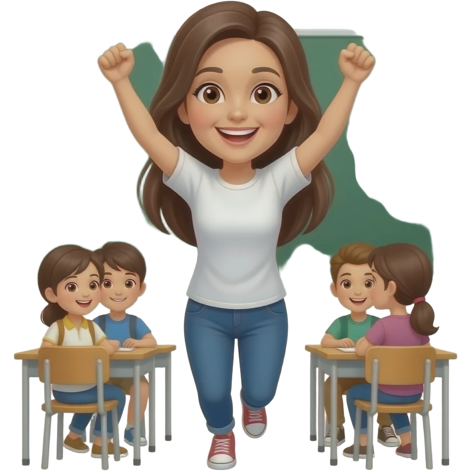 celebrating and jumping ,long straight brown  hair female 50 years old brown eyes wearing a tshirt  teaching students emoji
