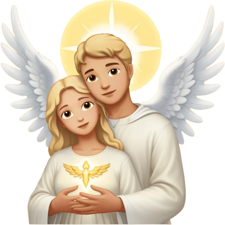Angelic man holding a woman in his wings with sacred light emoji