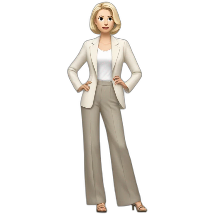 Full height Actively gesturing with hands pale skin woman with ash blonde Straightened bob Hair, White Spacious classical jacket, beige palazzo Arrow pants and gray blouse emoji