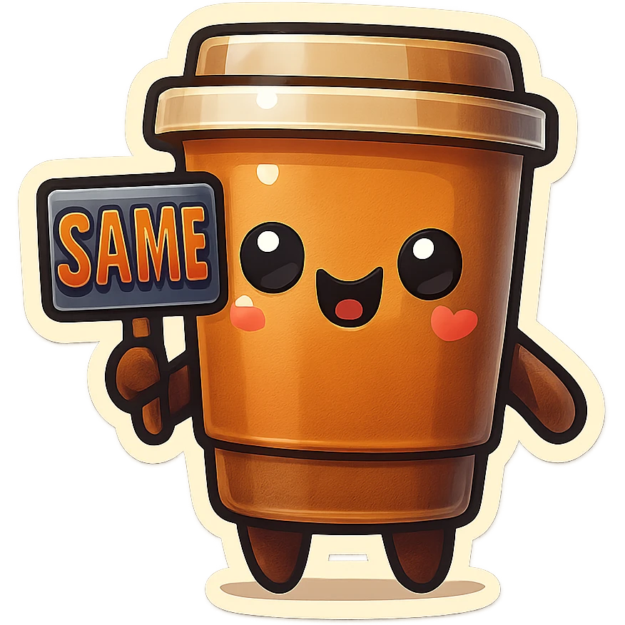 Tall coffee cup, holding sign "same" emoji