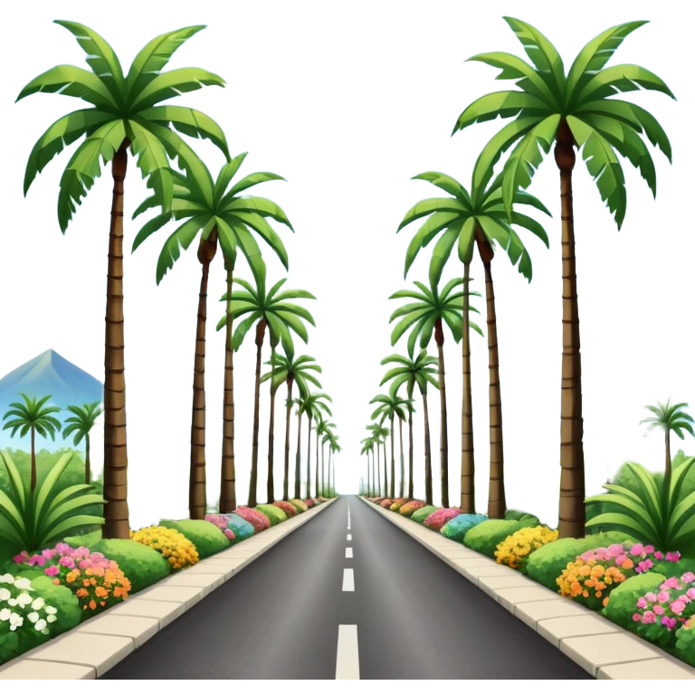 palm tree lined pedestrian pathway with tall green palm trees on both sides, colourful flowering bushes on each side, clear blue sky, bright sunny weather with symmetrical perspective view down the road. grey concrete road. warm tropical holiday vibe emoji