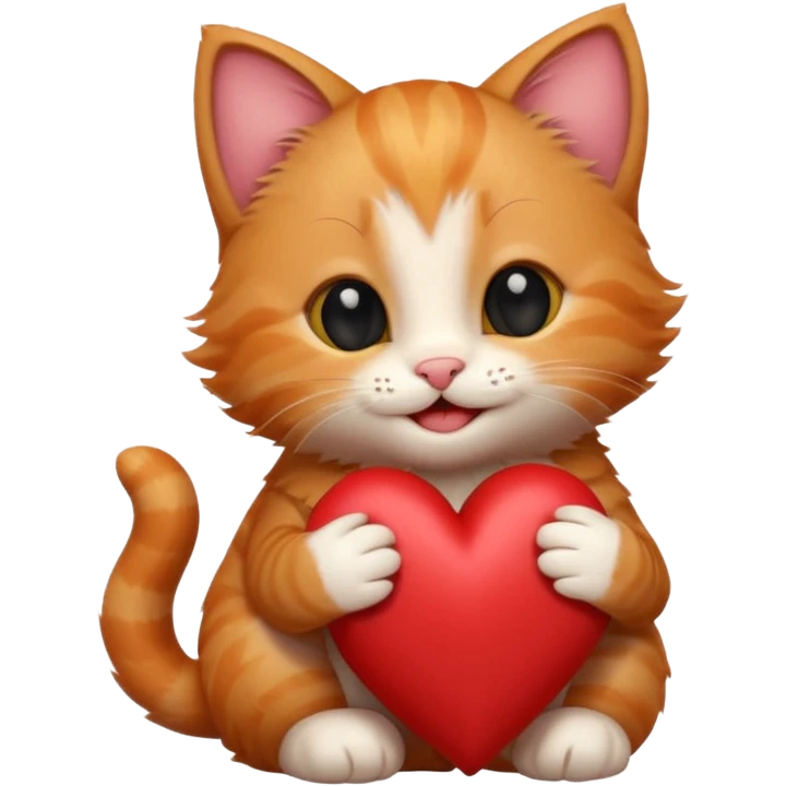 The ginger kitten is hugging a heart, very happy and smiling, he has a very beautiful face. emoji