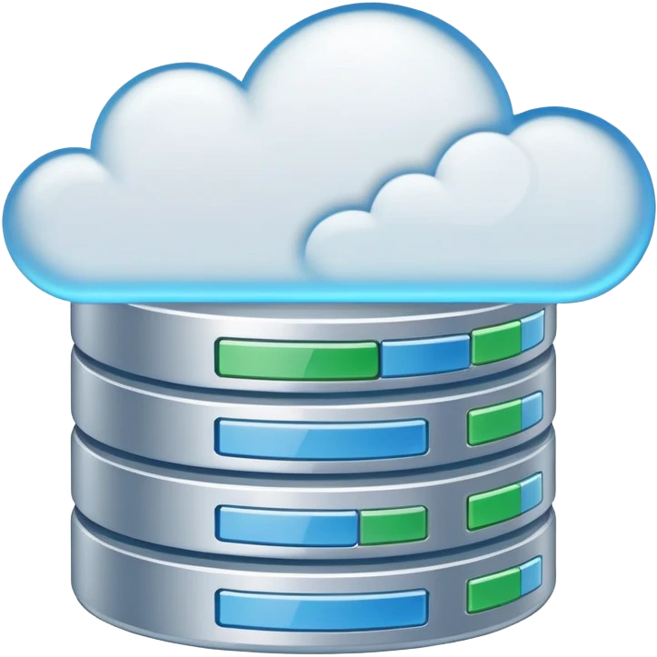 An icon featuring a database server, stacked data disks, and a cloud symbol, representing databases. The design includes binary code, a data structure diagram, and network connections, symbolizing data storage, management, and organization. Transparent background emoji