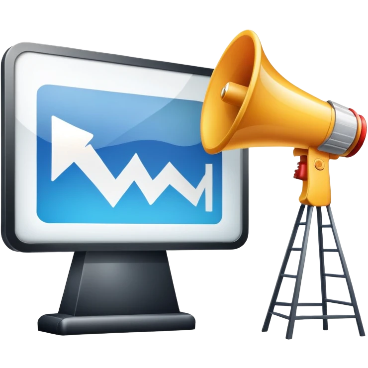 An icon featuring a megaphone, a billboard, and social media icons, symbolizing advertising and public relations. The design includes a press release and a rising graph, representing brand promotion and communication strategies. Transparent background highlights media influence and outreach. emoji