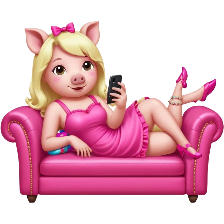 lady pig in neon pink kawaii dress reclining on couch scrolling on an iphone and eating candy in opulence  emoji