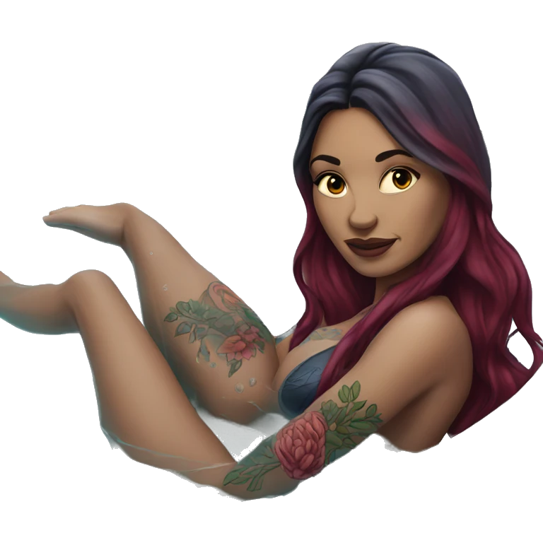 Beautiful tattooed  burgundy long haired woman swimming in a pool emoji